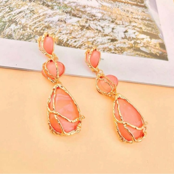 2/$30🌵 Peach Large Stone Drop Gold Cage Earrings Statement Long Jewelry NEW - Picture 8 of 9